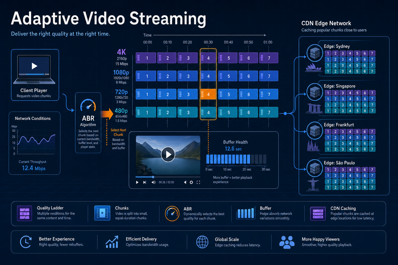 Adaptive streaming ladder of quality chunks with player picking the next segment by bandwidth