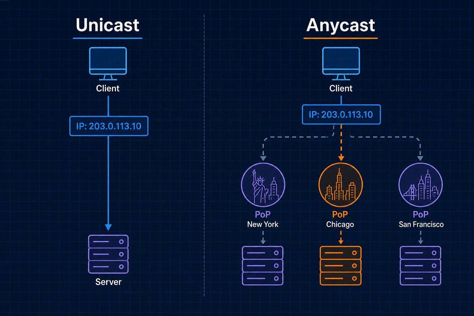 Split diagram of unicast one IP one host versus anycast one IP many PoPs with BGP path choice