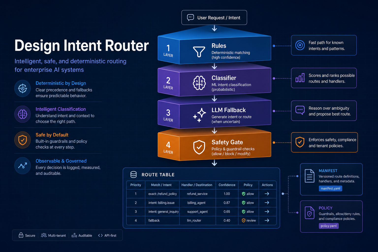 Design an intent router: route table, layered classification, eval gates
