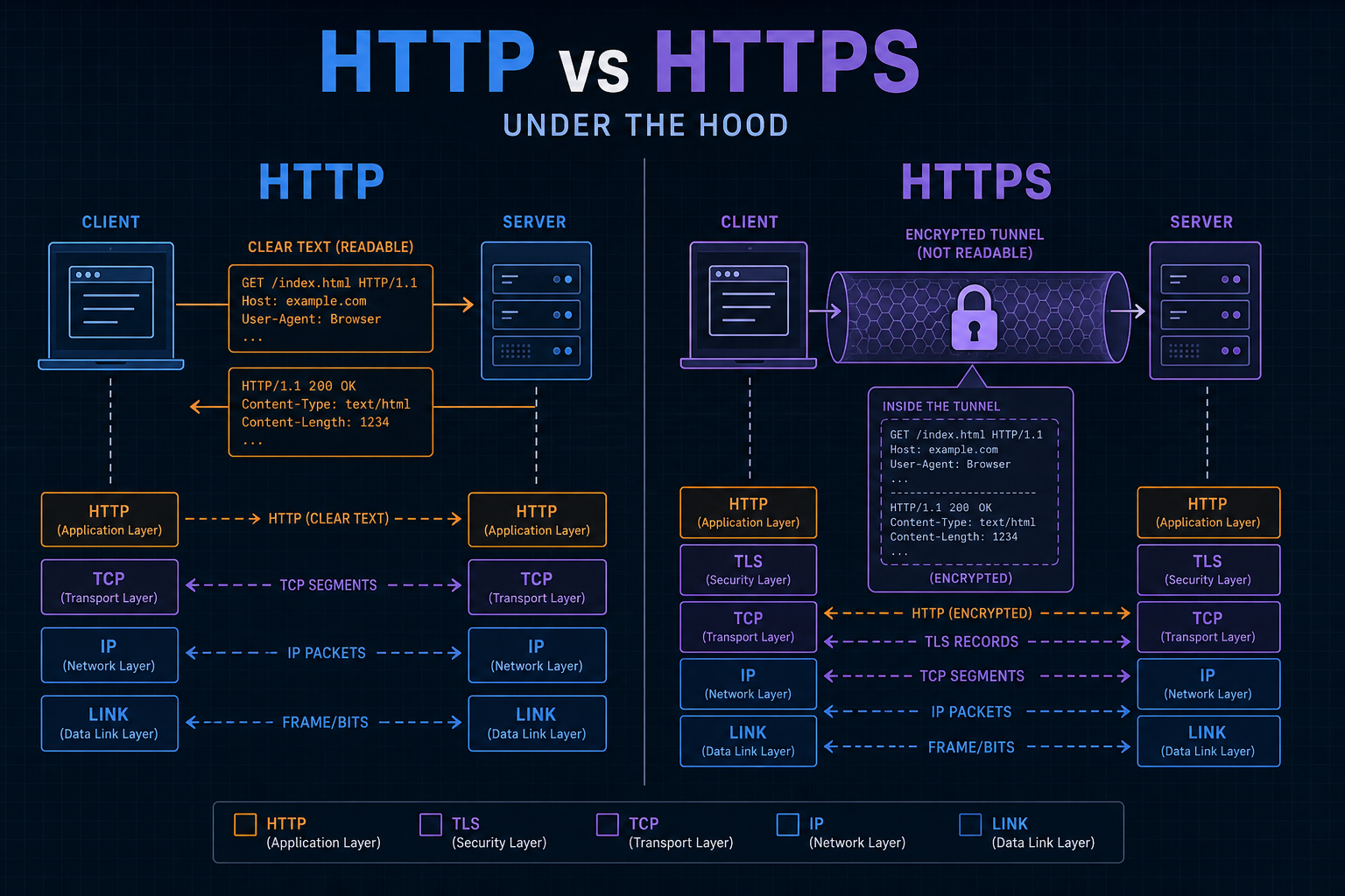 Split diagram of cleartext HTTP versus HTTP bytes wrapped by TLS to form HTTPS