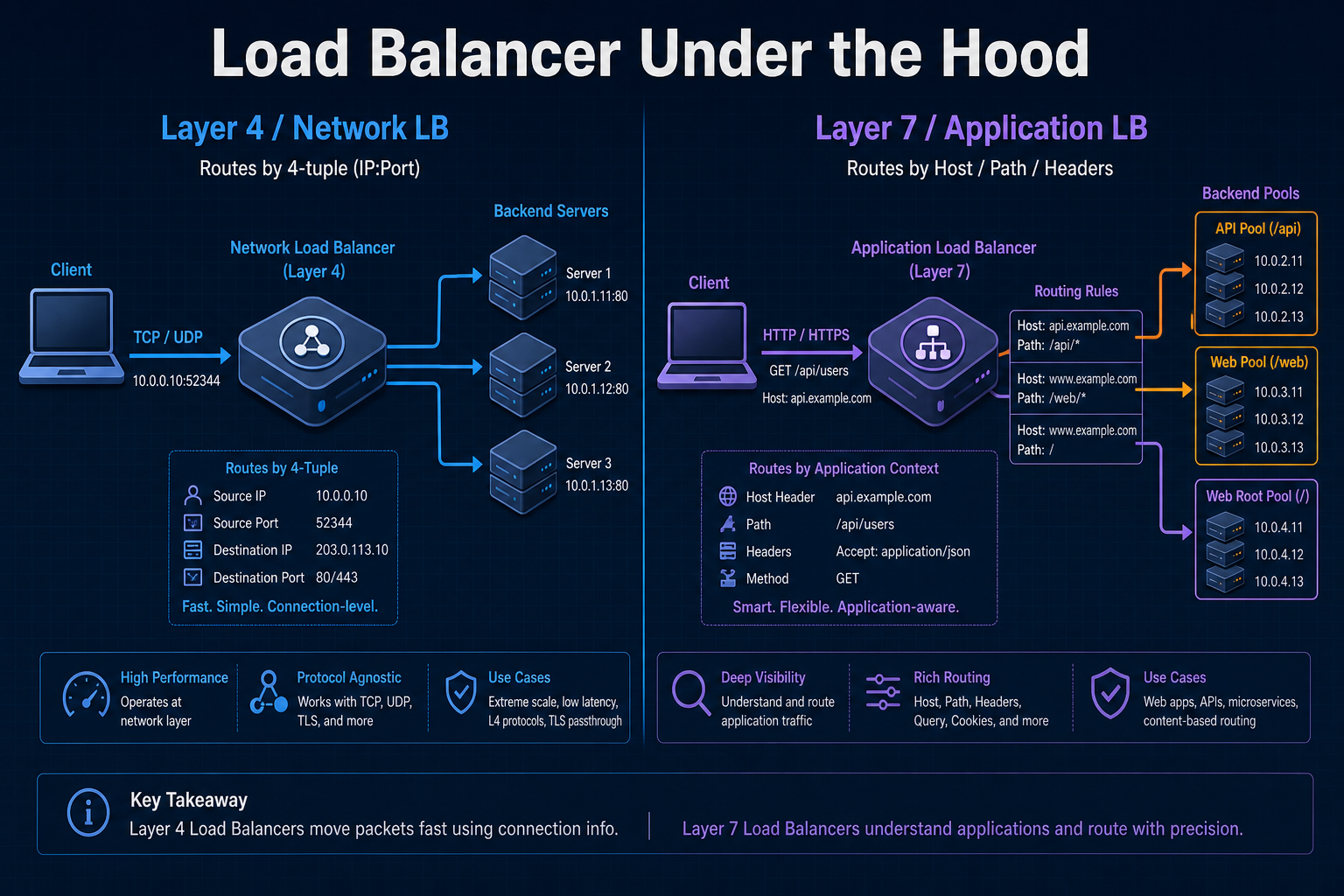 Split diagram of Layer 4 connection balancing versus Layer 7 HTTP request routing to backend pools