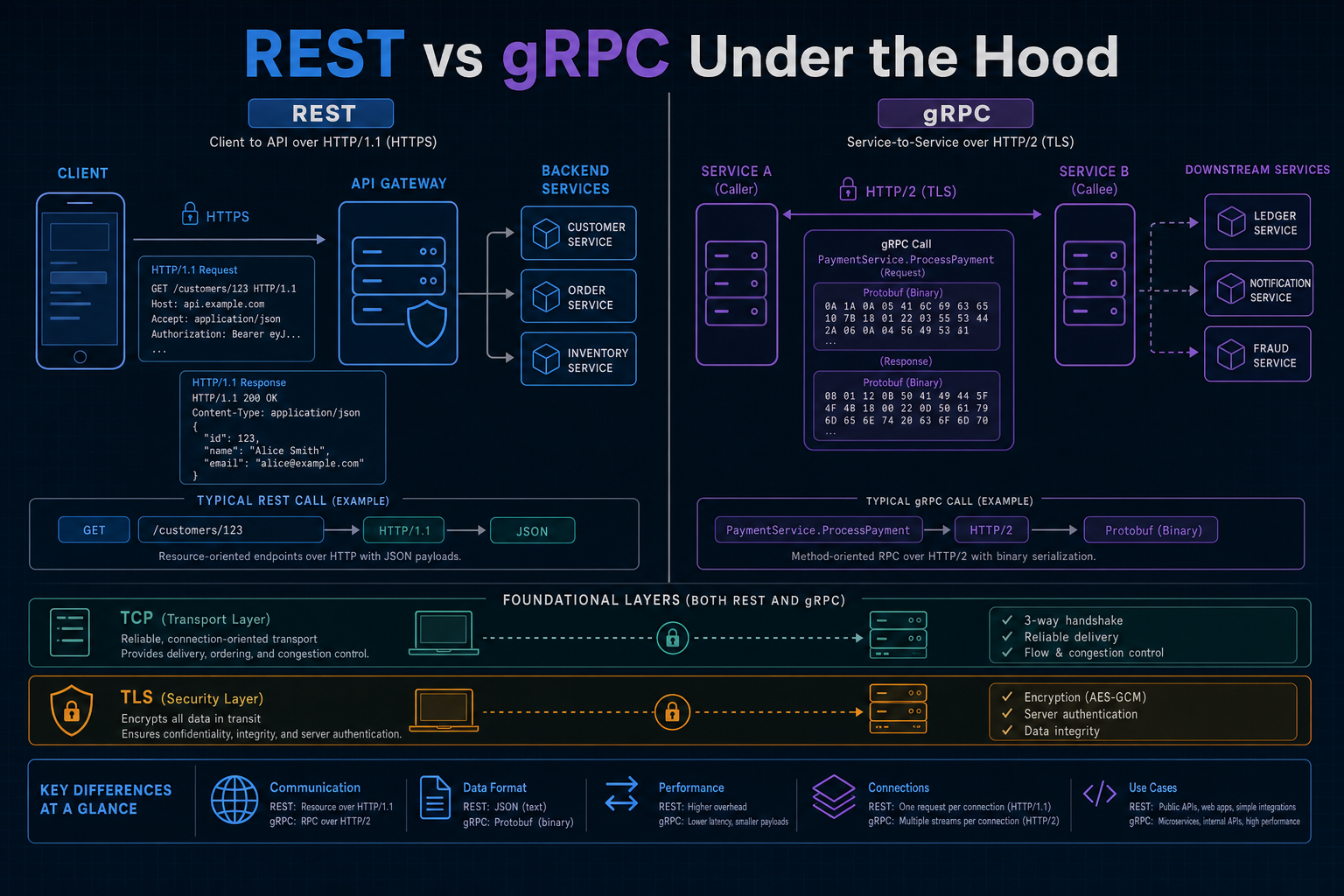 Split diagram of REST resource APIs over HTTPS JSON versus gRPC function calls over HTTP/2 protobuf