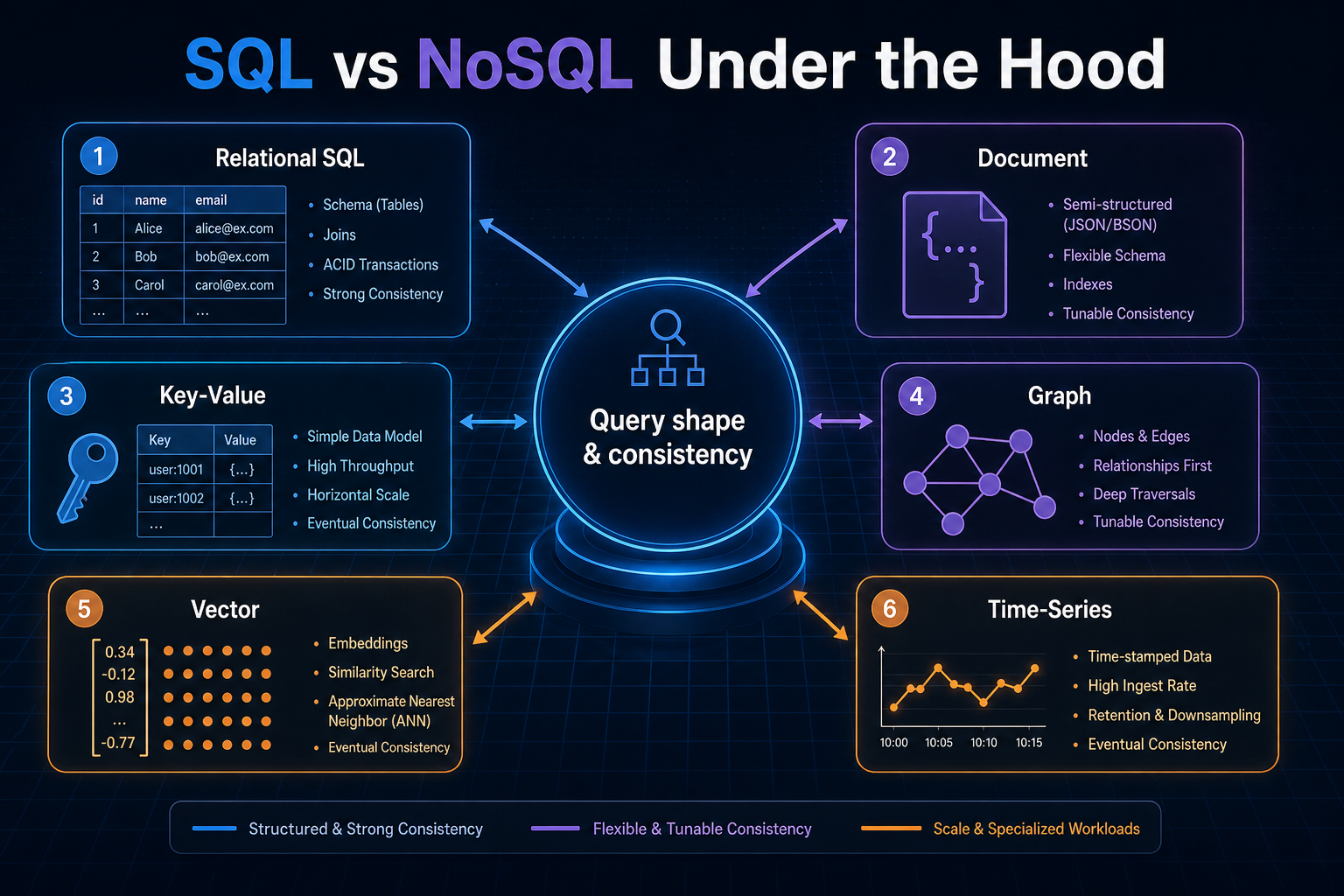 Landscape of database models from relational tables through document, key-value, graph, vector, and time-series