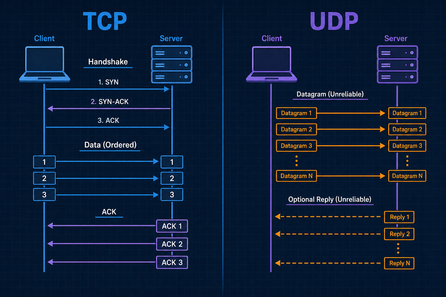 Side-by-side TCP reliable stream with handshake and ACKs versus UDP datagrams with no delivery guarantee