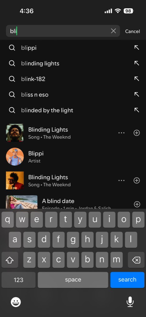 Spotify search typeahead for bli showing suggest completions and hydrated Blinding Lights catalog cards